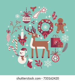 Lovely circle composition on Christmas and winter holidays season. Xmas round design element in limited turquoise and burgundy color scheme 