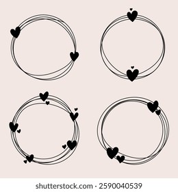 Lovely circle frame set. Hand drawn lines and heart shapes. Greeting card for anniversaries. Vector illustration, flat design