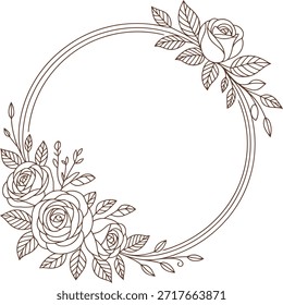 Um adorável quadro circular de linha dupla embelezado com um arranjo requintado de rosas delineadas, botões e folhagem delicada, ideal para texto ou fotos.