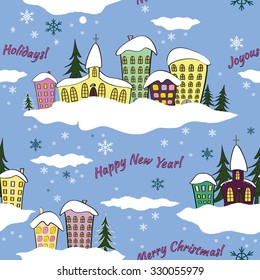 Lovely city background. Cute houses and churches located at soft white clouds. Winter seamless pattern. 