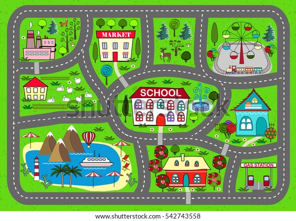 Lovely city car track. Play mat for children\
activity and entertainment. Sunny city landscape with streets,\
factory, buildings, farm, and\
plants.
