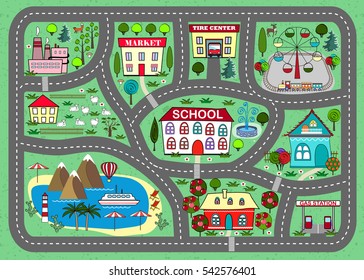 Lovely city landscape car track. Play mat for children activity and entertainment. Sunny city landscape with streets, factory, buildings, and plants