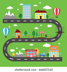 Lovely city landscape car track. Play mat for children activity and entertainment. Sunny city landscape with streets, supermarket, buildings, and plants.