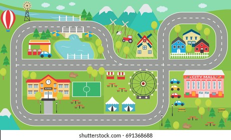 Lovely city landscape car track HD play mat for children activity and entertainment. Sunny city landscape with mountains, farm, factory, buildings, plants and endless car road.