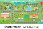Lovely city landscape HD train track play mat for children activity and entertainment. Sunny city landscape with mountains, farm, factory, buildings, plants and endless train rails.