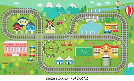 Lovely city landscape HD train track play mat for children activity and entertainment. Sunny city landscape with mountains, farm, factory, buildings, plants and endless train rails.