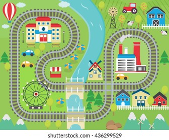 Lovely City Landscape Train Track Play Mat For Children Activity And Entertainment. Sunny City Landscape With Mountains, Farm, Factory, Buildings, Plants And Endless Train Rails.