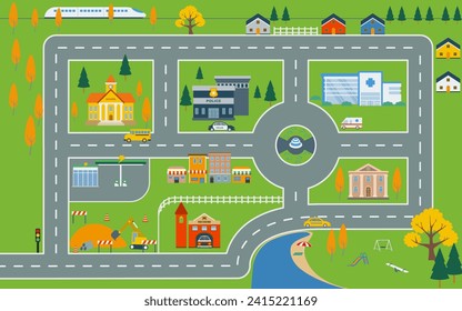 Lovely city, City map, map, cityscape  vector illustration, design elements with road, park, transport,  buildings, for kids play mat.