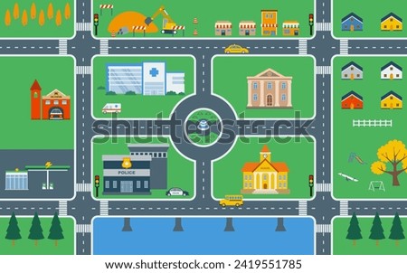 Lovely city, City map, map, cityscape  vector illustration, design elements with road, park, transport,  buildings, for kids play mat.