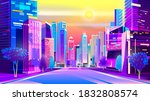 Lovely City. Morning dawn on the street. Traffic in the town at sunrise time. Street in perspective. Flat Vector Illustration Cartoon. Design in bright neon colors. Abstract modern technology. 3D. Ai.