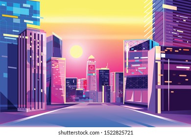 Cidade adorável. Amanhecer na rua. Tráfego na cidade na hora do nascer do sol. Rua em perspectiva. Desenho animado de ilustração vetorial plana. Design em cores neon brilhantes. Tecnologia moderna abstrata. 