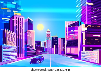 Lovely City. Morning Dawn On The Street. Traffic In The Town At Sunrise Time. Street In Perspective. Flat Vector Illustration Cartoon. Design In Bright Neon Colors. Abstract Modern Technology. 