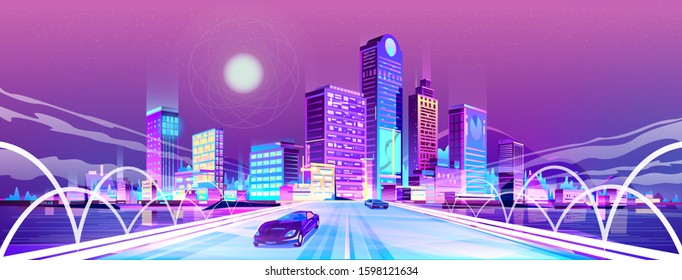 Lovely City. Morning dawn on the street. Traffic in the town at sunrise time. Street in perspective. Flat Vector Illustration Cartoon. Design in bright neon colors. Abstract modern technology. 