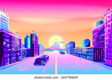 Lovely City. Morning dawn on the street. Traffic in the town at sunrise time. Street in perspective. Flat Vector Illustration Cartoon. Design in bright neon colors. Abstract modern technology. 