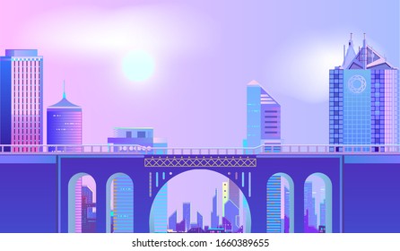 Lovely City. Morning dawn on the street. Traffic in the town at sunrise time. Street in perspective. Flat Vector Illustration Cartoon. Design in bright neon colors. Abstract modern technology. 