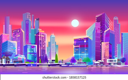 Lovely City. Morning dawn on the street. Modern metropolis buildings on the sea or the ocean with beach landscape cartoon vector in neon colors. Modern city skyline with futuristic skyscrapers.