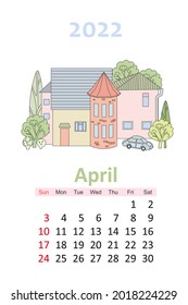 lovely cityscape calendar 2022. cute houses surrounded by trees. april