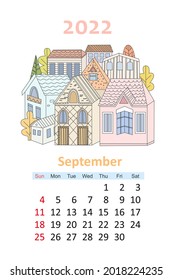lovely cityscape calendar 2022. cute houses and autumn trees. september