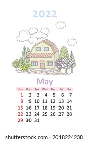lovely cityscape calendar 2022. cute house surrounded by flowering trees. may