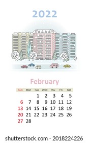 lovely cityscape calendar 2022. houses with road and cars. snowing town. february