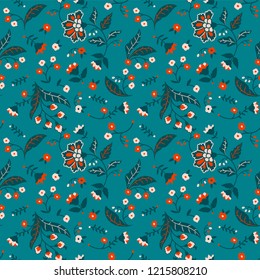 Lovely classic flower & leaf vector pattern, seamless repeat in blue and reddish colors. Trendy vintage style, inspired by traditional folk designs. Great for fabrics, wallpapers, scrapbooking etc.
