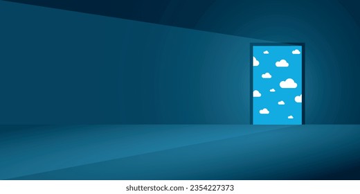 lovely cloudy blue sky visible through fully open door. new opportunities concept vector. stepping into a beautiful bright future