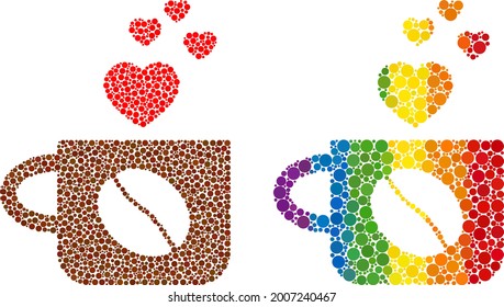 Lovely coffee cup composition icon of spheric dots in variable sizes and rainbow color tones. A dotted LGBT-colored lovely coffee cup for lesbians, gays, bisexuals, and transgenders.