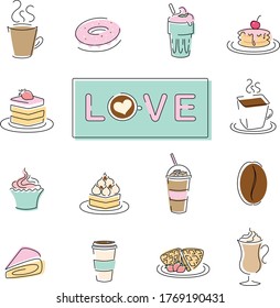 Lovely coffee and desserts icons set stickers. 