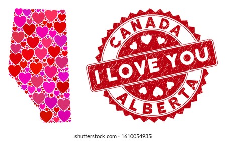 Lovely collage Alberta Province map and rubber stamp seal with I Love You message. Alberta Province map collage composed with randomized red heart items.