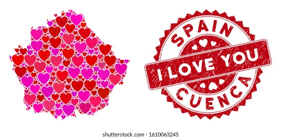 Lovely collage Cuenca Province map and grunge stamp seal with I Love You text. Cuenca Province map collage designed with random red heart items. Red round I Love You seal stamp with grunge texture.