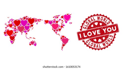 Lovely collage global world map and rubber stamp seal with I Love You badge. Global world map collage formed with scattered red heart symbols. Red round I Love You seal stamp with distress texture.