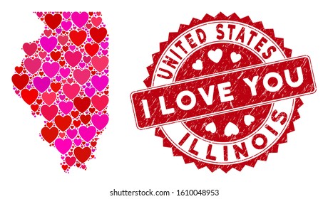 Lovely collage Illinois State map and corroded stamp seal with I Love You phrase. Illinois State map collage formed with random red heart symbols. Red round I Love You seal with grunge texture.