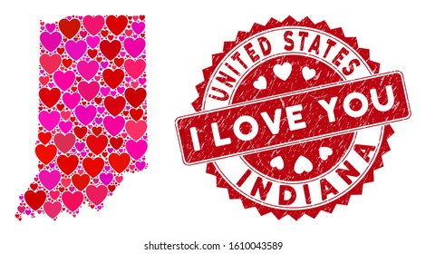 Lovely collage Indiana State map and distressed stamp seal with I Love You message. Indiana State map collage composed with scattered red heart symbols.