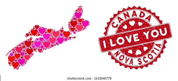 Lovely collage Nova Scotia Province map and corroded stamp watermark with I Love You phrase. Nova Scotia Province map collage formed with scattered red heart symbols.