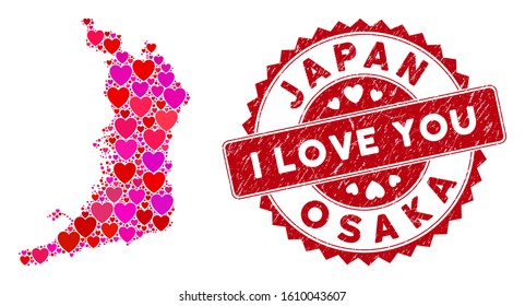 Lovely collage Osaka Prefecture map and grunge stamp seal with I Love You words. Osaka Prefecture map collage constructed with scattered red heart elements.