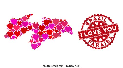 Lovely collage Paraiba State map and distressed stamp seal with I Love You caption. Paraiba State map collage constructed with scattered red heart items. Red round I Love You seal with grunge texture.