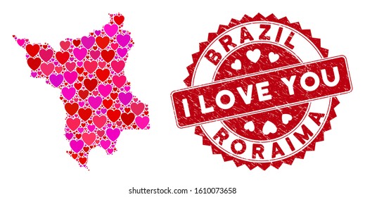 Lovely collage Roraima State map and distressed stamp watermark with I Love You words. Roraima State map collage created with randomized red heart items.