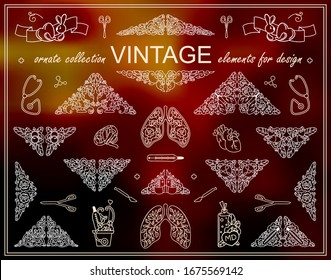 Lovely collection of abstract anatomy and medicine elements for design. Cute triangle borders with different arts inside them. Sweet hand drawing illustration in ornate doodle style