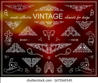 Lovely collection of abstract anatomy and medicine elements for design. Cute triangle borders with different arts inside them. Sweet hand drawing illustration in ornate doodle style