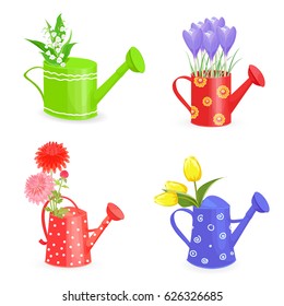 lovely collection bouquets of spring flowers in gardening watering cans for your design