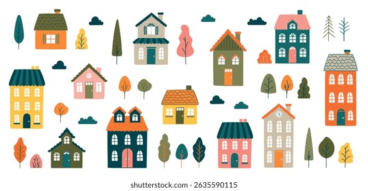Lovely collection of cute hand drawn houses and buildings in a simple and colorful style. Ideal for books, educational materials, cards, posters, posts, icons and symbols.