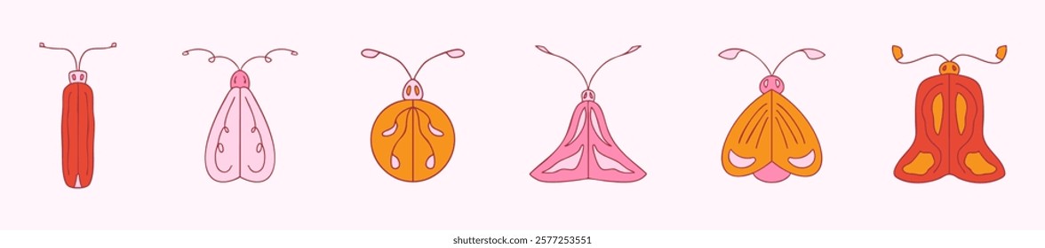 Lovely collection of hand-drawn bugs in pink, orange, and red shades. Whimsical colorful clipart with doodle bugs for decorative purposes