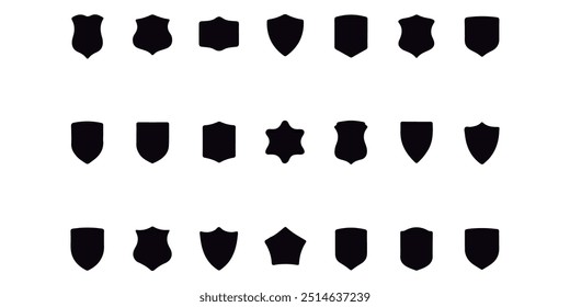 Lovely collection of shield silhouettes. Labels for the police, military, soccer, and other sports are shaped by black badges. 
