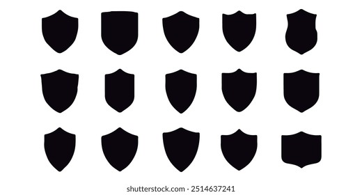 Lovely collection of shield silhouettes. Labels for the police, military, soccer, and other sports are shaped by black badges. 
