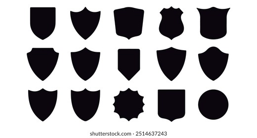 Lovely collection of shield silhouettes. Labels for the police, military, soccer, and other sports are shaped by black badges. 
