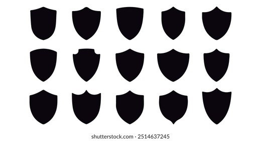 Lovely collection of shield silhouettes. Labels for the police, military, soccer, and other sports are shaped by black badges. 
