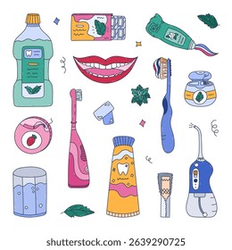 Lovely colored doodle dental hygiene set for white teeth, refreshing breath, healthy gums, bleaching enamel. Cute hand drawn dentistry line concept collection for perfect smile isolated on background.