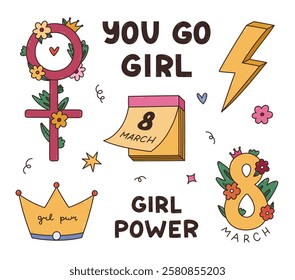 Lovely colored doodle Girl Power symbols for International Women Day. Female solidarity concept with hand drawn line clipart and lettering. Princess crown, number 8, calendar, gender symbol.