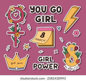 Lovely colored doodle Girl Power sticker set for International Womens Day for planners, notebooks. Ready for print list of cute stickers with female solidarity clipart and inspirational lettering.
