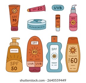 Lovely colored doodle set with different tubes of sunblock. Cute hand drawn cream, spray, lipstick, tube, lotion with SPF protection. Body care cosmetic bottle for sun protection isolated on white.